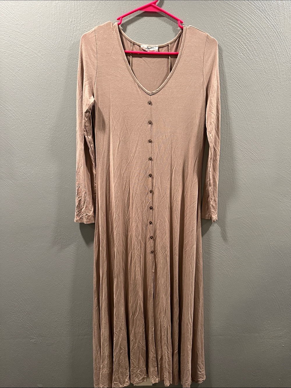 Carly Jean Los Angeles Long Sleeve Button-Front Maxi Dress in Taupe